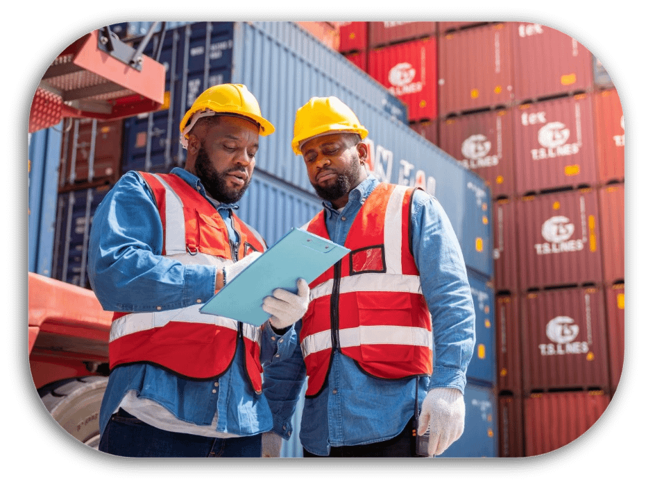 Arbeiter an einem Hafen vor einer bevorstehenden Container-Verschiffung.